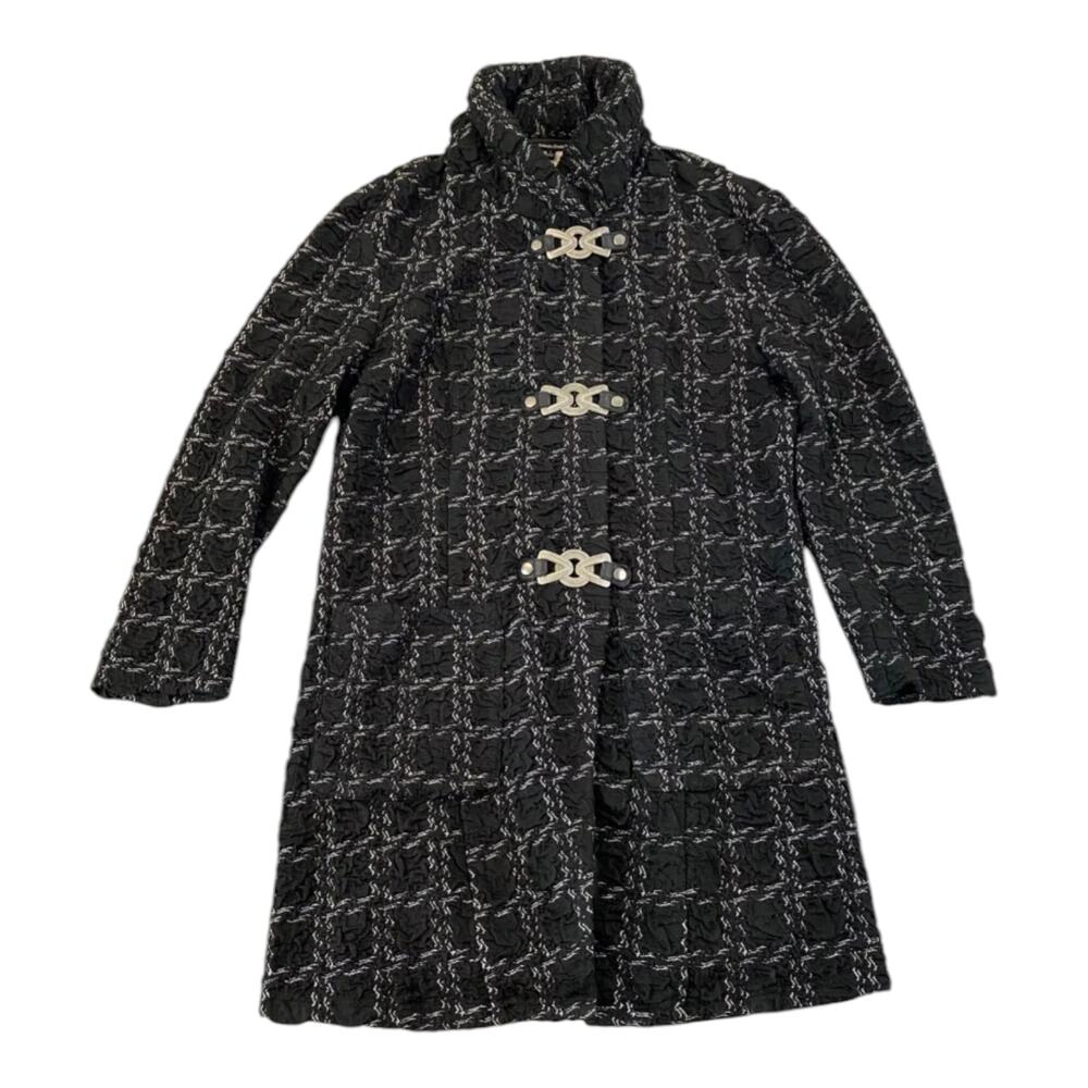 Samuel Dong Trench Coat Womens Sz M Black Valli Checked Tweed Coat Wool Long